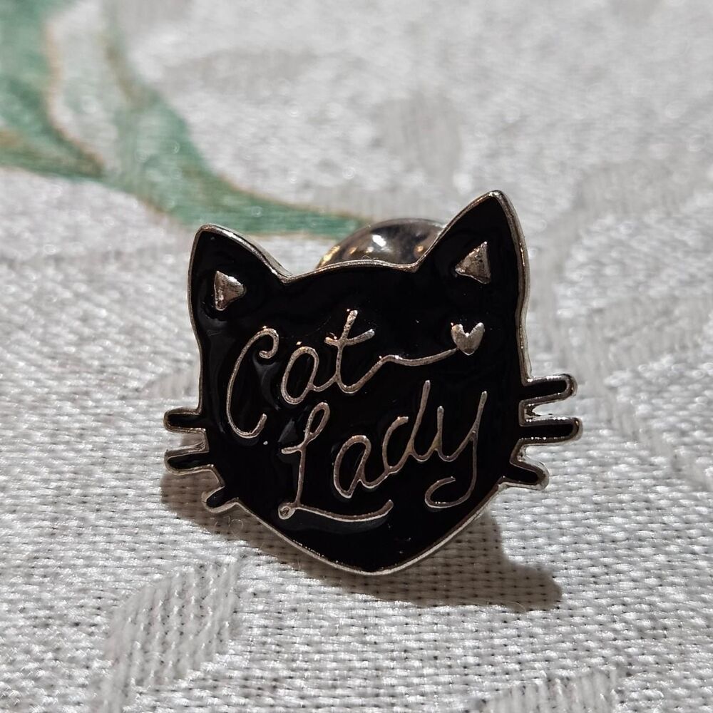 black silver cat lady small lapel pin